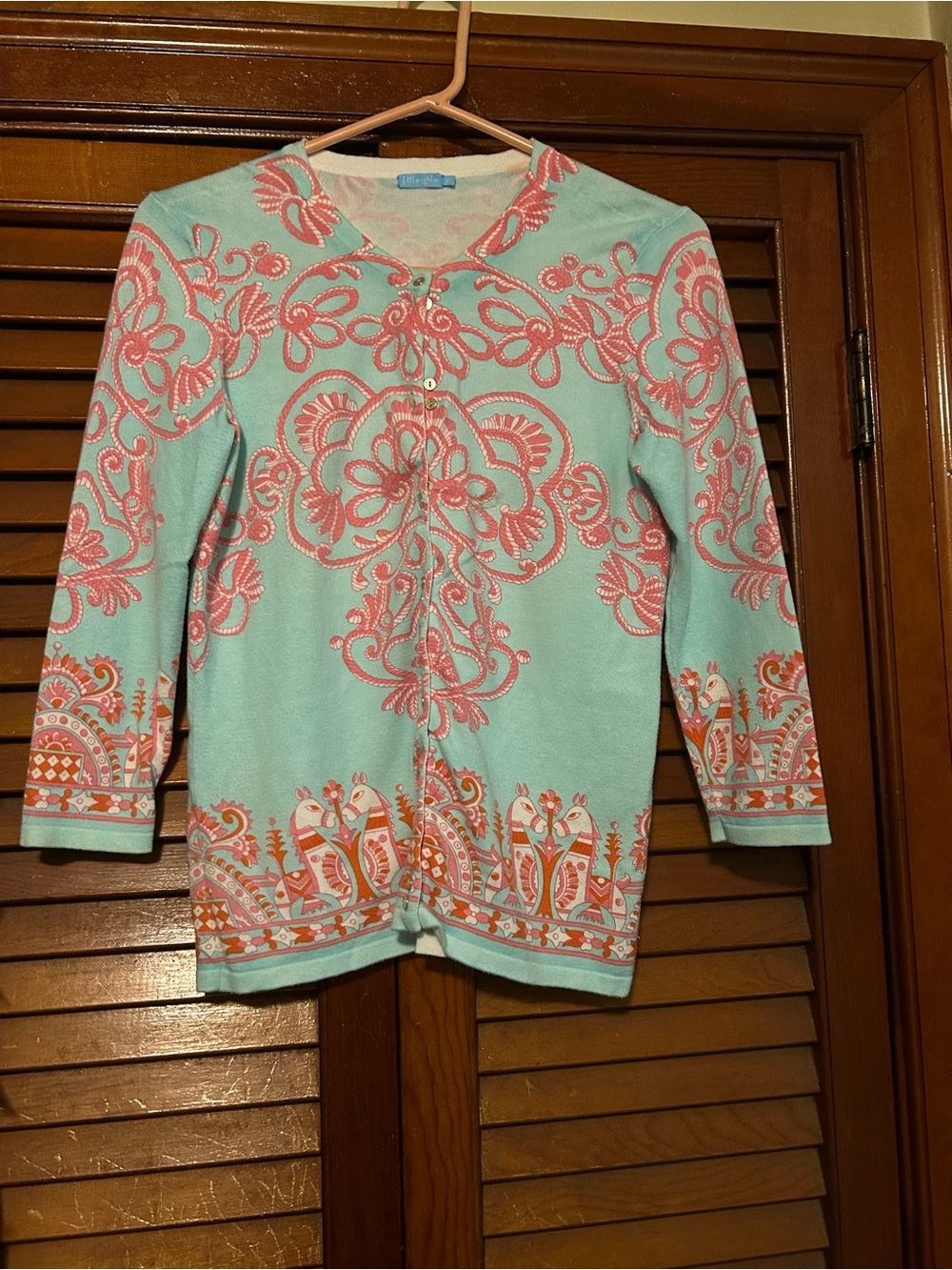 J. McLaughlin Mint Cardigan with Pink & Coral Pattern